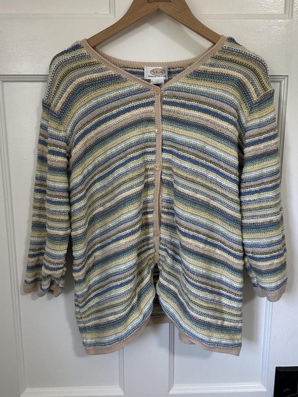 Talbots Striped Blue Cream Tan Button-Front Cardigan